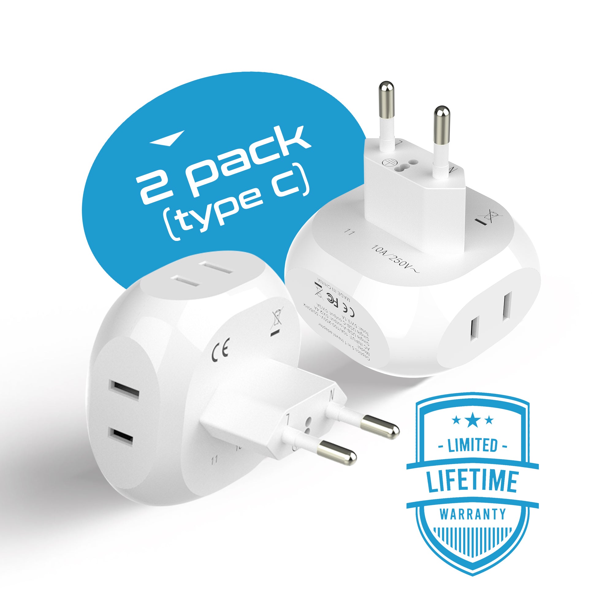 European Travel Plug Adapter - 4 in 1 - Ultra Compact - Light Weight (PT-9C)