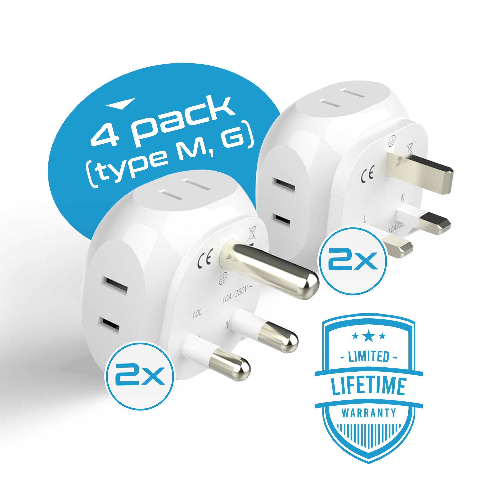 South Africa Travel Adapter Set - 4 in 1 - Ultra Compact - Light Weight (PT-7-10L-4PK)