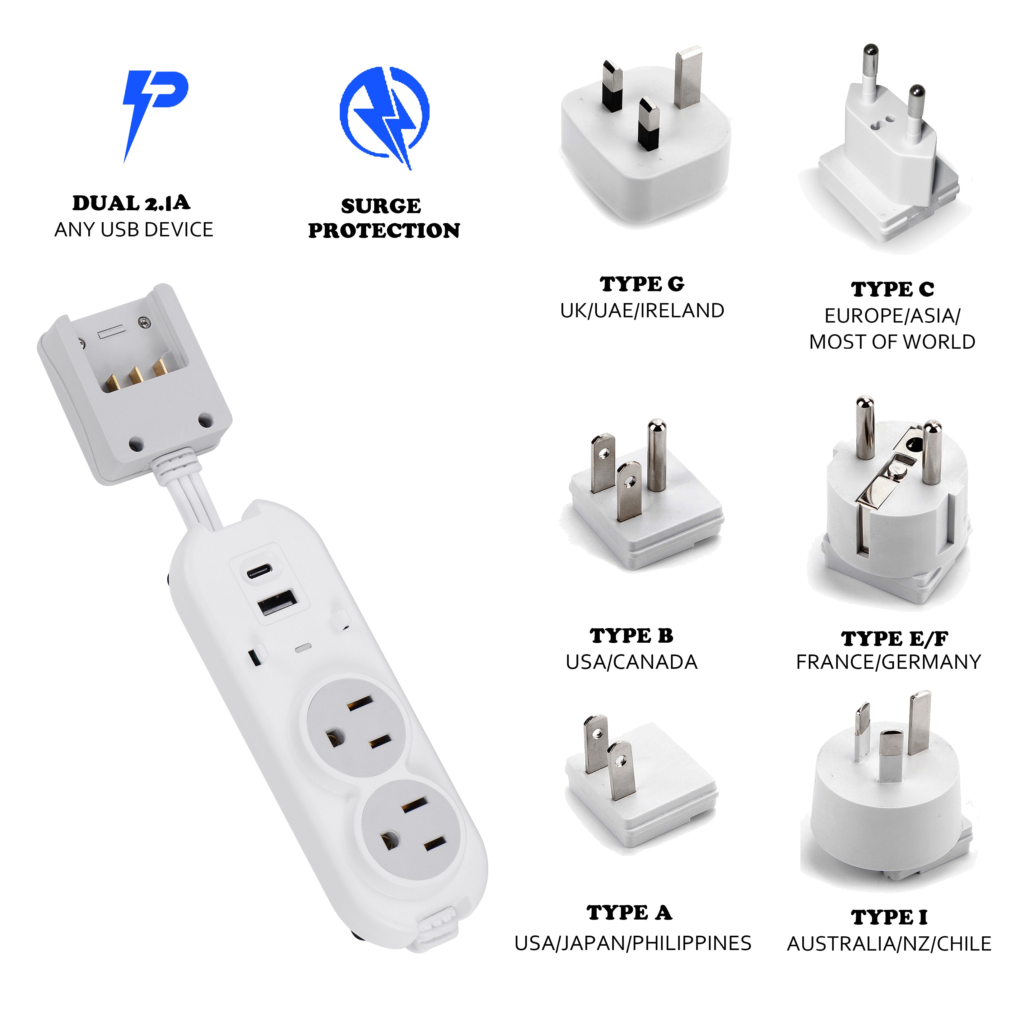 Compact Travel Power Strip - 2 US Outlets, USB & USB-C Ports - Grounded (PS-2U+)