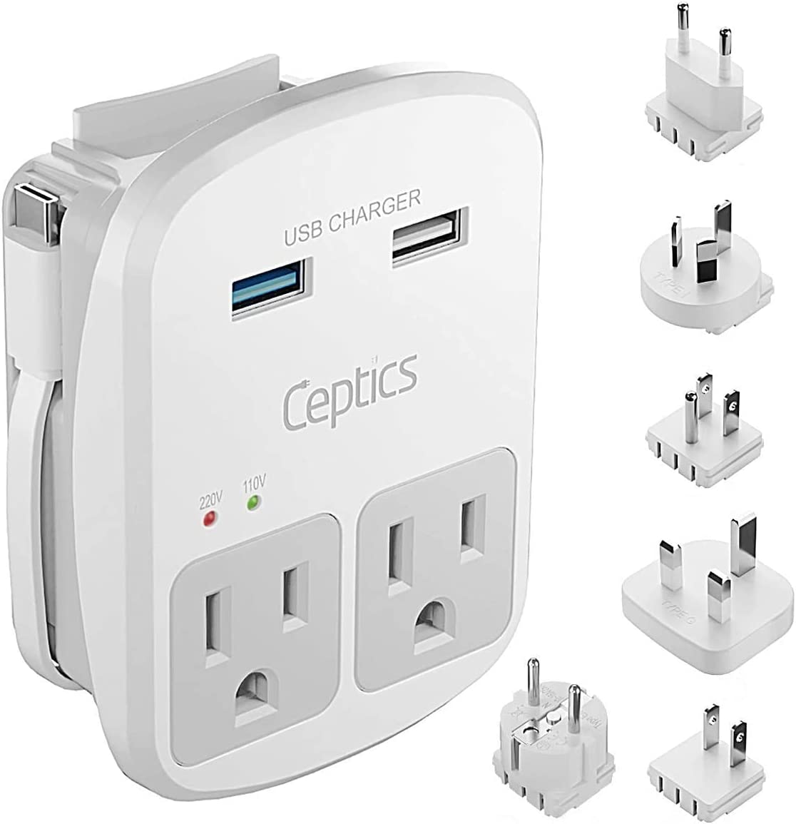 Ceptics World Travel Adapter Kit - QC 3.0 2 USB + 2 US Outlets, Surge Protection, Plugs for Europe, UK, China, Australia, Japan