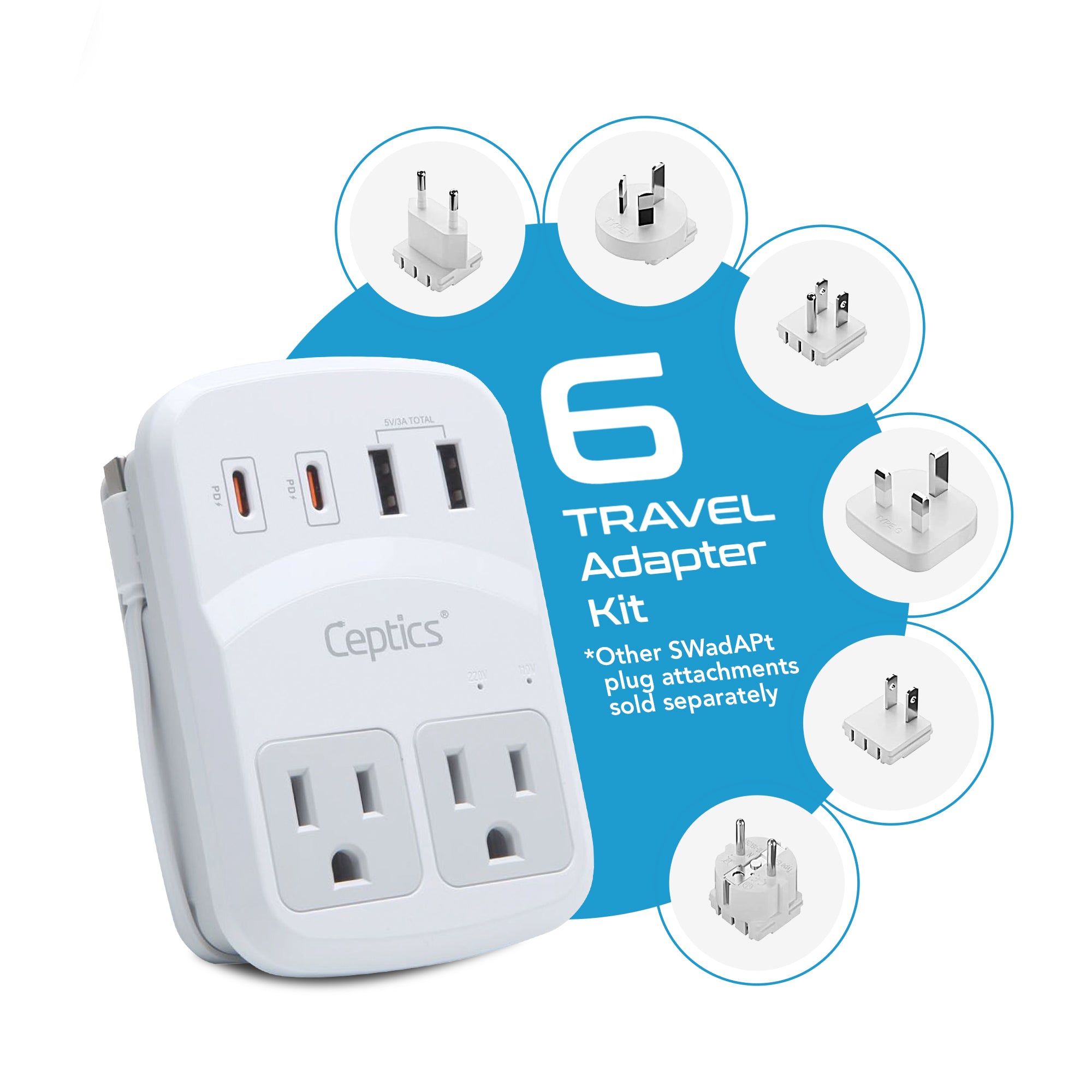 World-Way 6 Travel Adapter Kit | 2 USB-A + 2USB-C + 2 US Outlets - Grounded