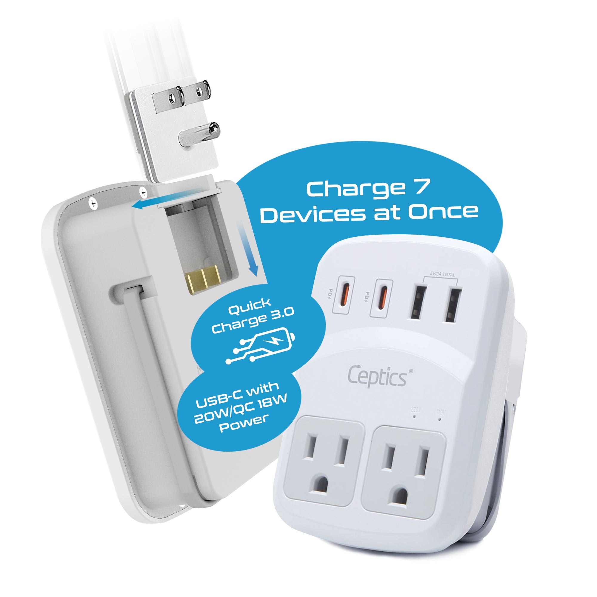 World-Way 6 Travel Adapter Kit | 2 USB-A + 2USB-C + 2 US Outlets - Grounded