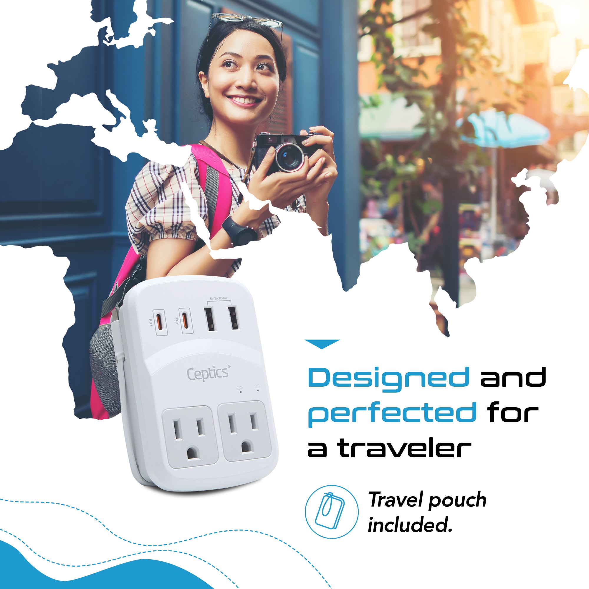 World-Way 6 Travel Adapter Kit | 2 USB-A + 2USB-C + 2 US Outlets - Grounded