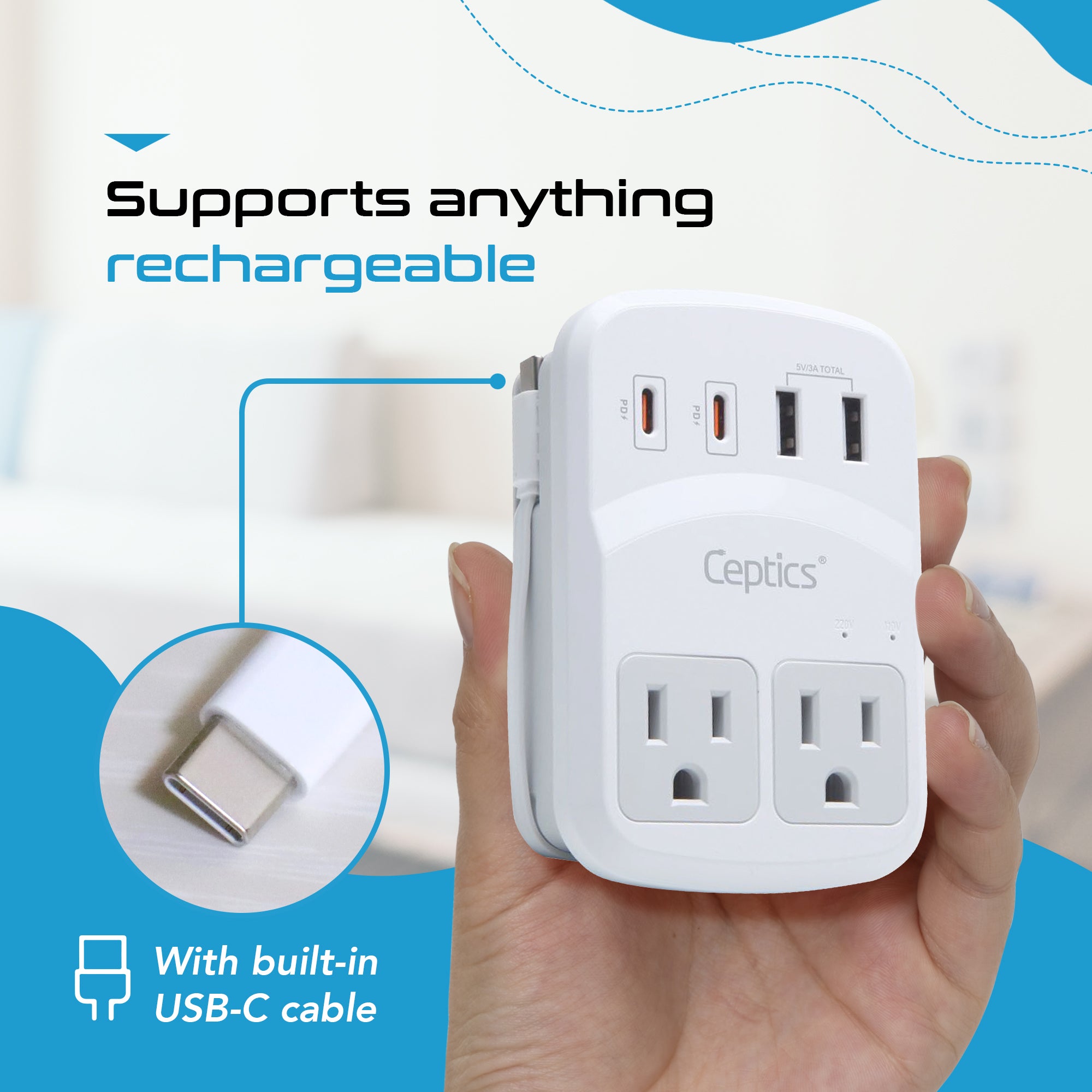 World-Way 6 Travel Adapter Kit | 2 USB-A + 2USB-C + 2 US Outlets - Grounded