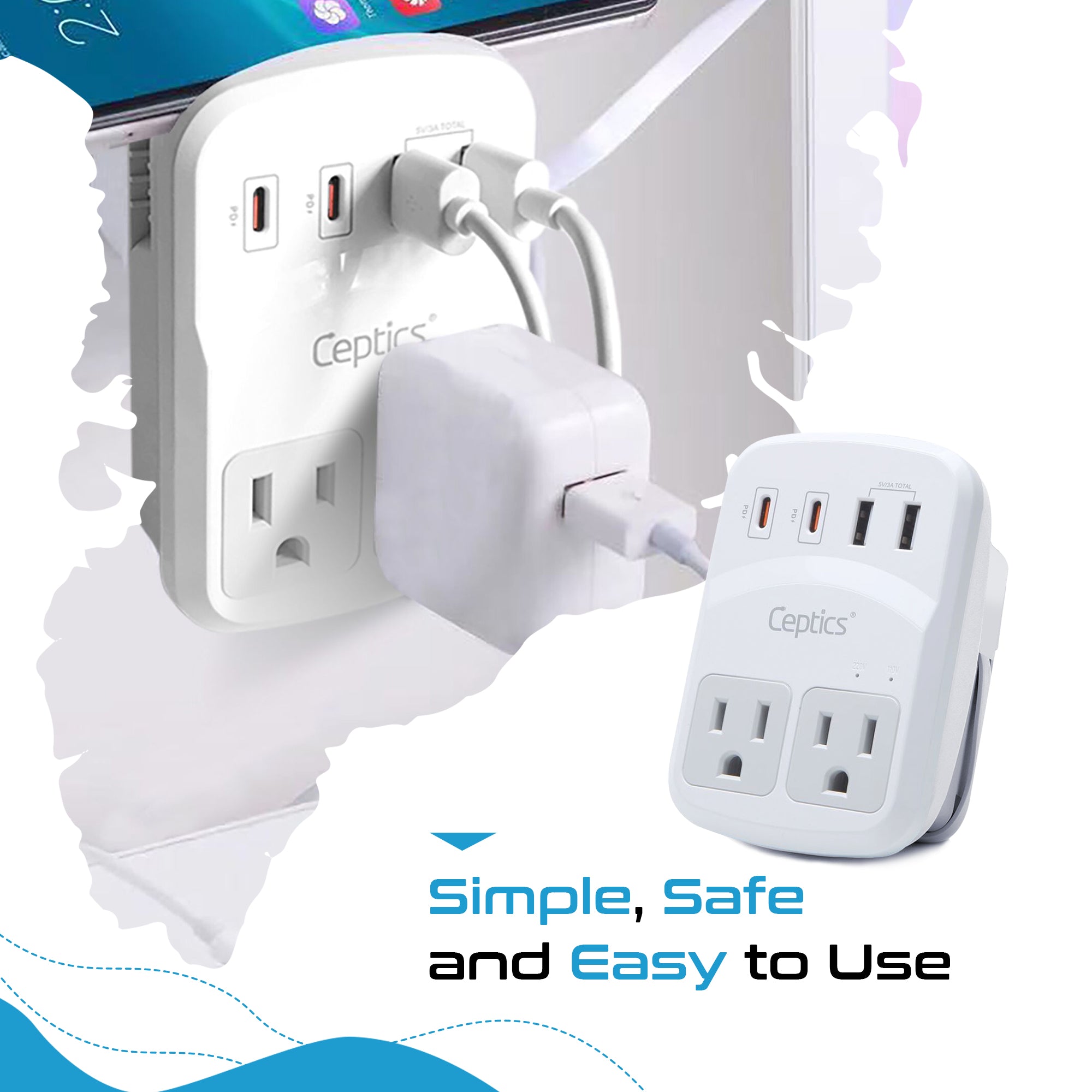 World-Way 6 Travel Adapter Kit | 2 USB-A + 2USB-C + 2 US Outlets - Grounded