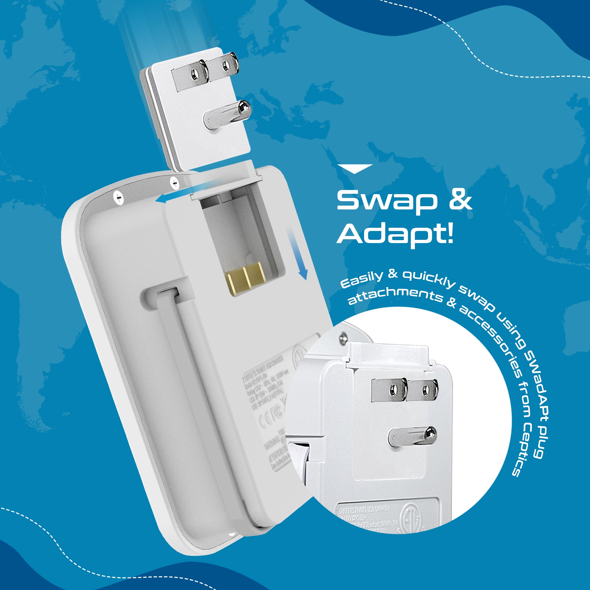 World-Way 6 Travel Adapter Kit | 2 USB-A + 2USB-C + 2 US Outlets - Grounded